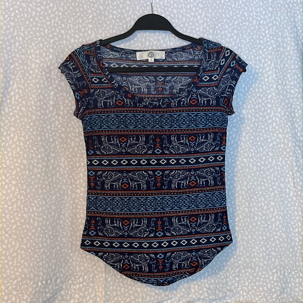 WF Indie Tee shirt, elephant tapestry design with white, blue, & orange.